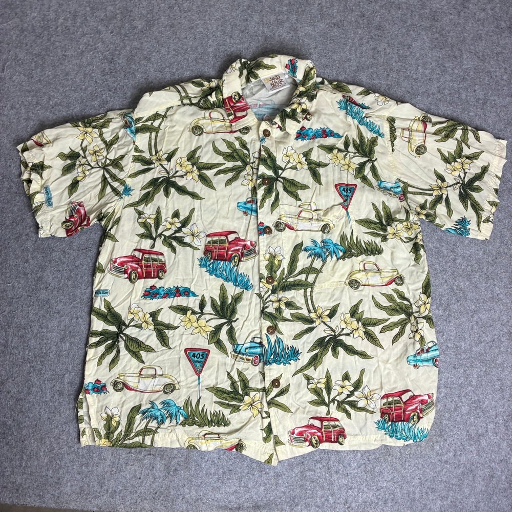 VTG Sand Dollar Sportswear Men's Large Hawaiian Shirt Cream Wagon Car Tropical